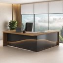 Ver imagem 1 de Mesa Diretor em L com LED 4 Gavetas 2 Portas Tamburato Supreme Marrom/Nogal/Preto Artany