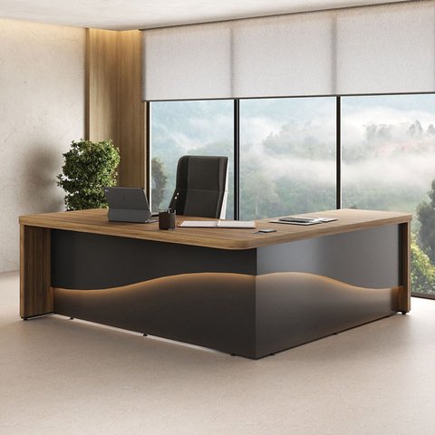 Mesa Diretor em L com LED 4 Gavetas 2 Portas Tamburato Supreme Marrom/Nogal/Preto Artany