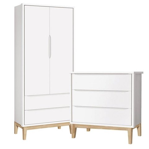 Jogo de Quarto Classic Guarda Roupa 2 Portas e Cômoda 3 Gavetas Branco Fosco com Pés Madeira Natural