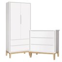 Ver imagem 1 de Jogo de Quarto Classic Guarda Roupa 2 Portas e Cômoda 3 Gavetas Branco Fosco com Pés Madeira Natural