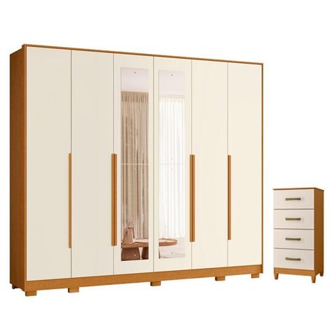 Guarda Roupa Casal Mercure com Espelho 6 Portas e Cômoda Mobi 04 Gavetas Cinamomo Off White - Mó