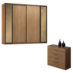 Cômoda Lume e Guarda Roupa Casal Laredo Amêndola Touch Nude Prime Flex com Portas de Vidro Reflecta  - 1