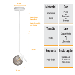 Lustre Pendente On Ly - Branco com Globo de Vidro Fumê - 5