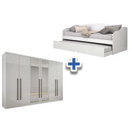 Cama Sofá Funny II c/ Auxiliar + 2 Colchões Orthocrin + Guarda Roupa Bari Branco - 1