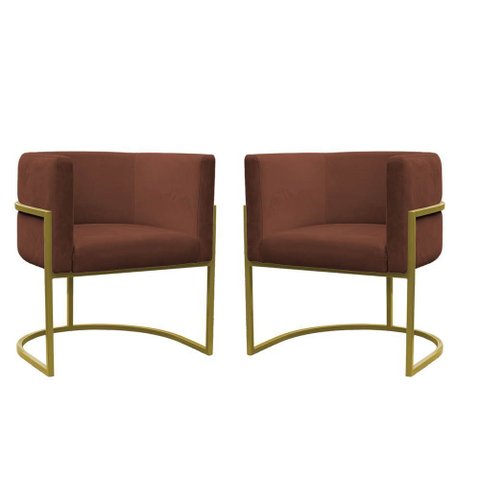 Kit 2 Poltronas Reforçada Decorativa Sala Carla Base Ferro Dourada Suede Marrom