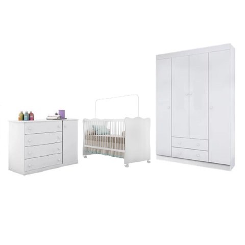 Quarto Infantil MDF Flat Mel Berço Mini Cama Doce Sonho com Guarda-Roupa Roupeiro e Cômoda