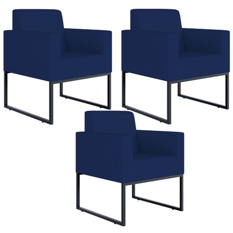 Kit 3 Poltronas Decorativas Sala Recepção Base Fixa Metal Helô L02 Suede Azul Marinho - Lyam