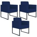Ver imagem 1 de Kit 3 Poltronas Decorativas Sala Recepção Base Fixa Metal Helô L02 Suede Azul Marinho - Lyam