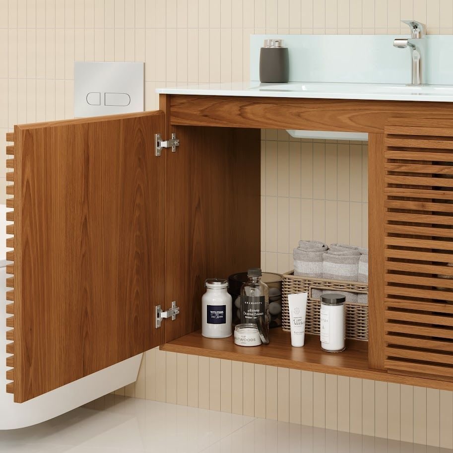 Ver imagem 7 de Gabinete Ripado 80 Freijó Creta com Bancada de Vidro