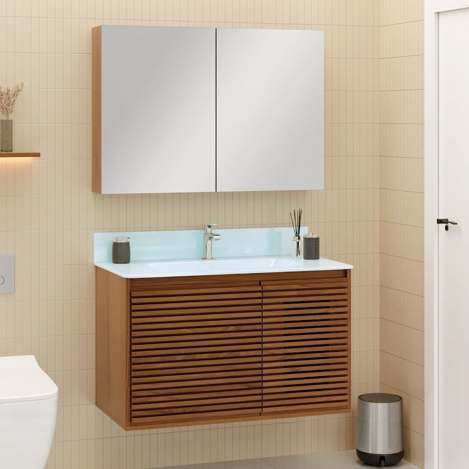 Ver imagem 1 de Gabinete Ripado 80 Freijó Creta com Bancada de Vidro