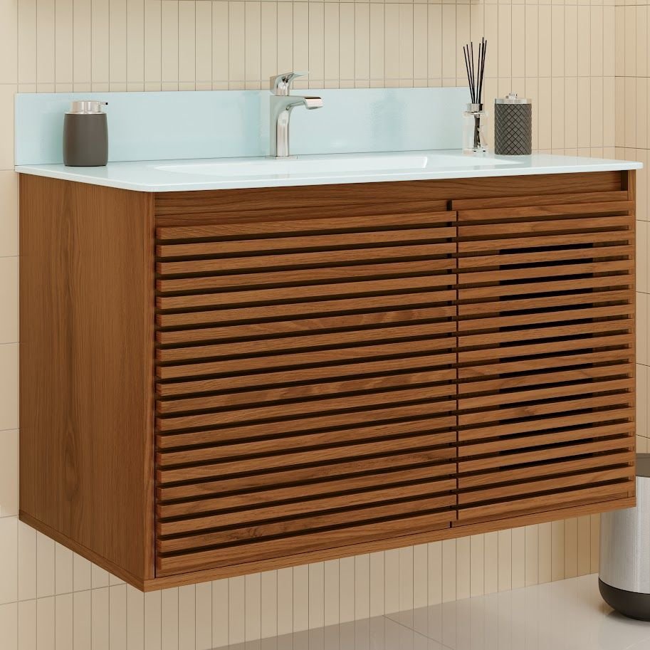 Ver imagem 2 de Gabinete Ripado 80 Freijó Creta com Bancada de Vidro