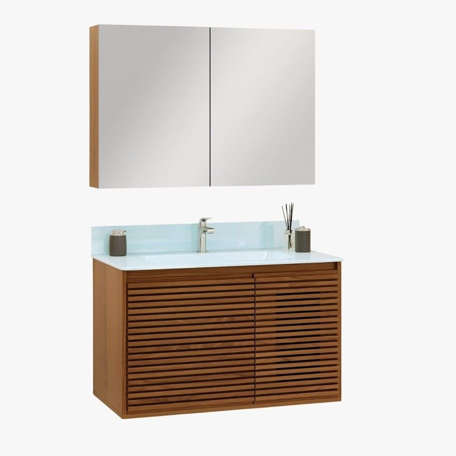 Ver imagem 3 de Gabinete Ripado 80 Freijó Creta com Bancada de Vidro