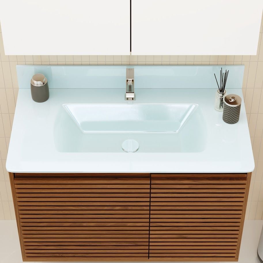 Ver imagem 5 de Gabinete Ripado 80 Freijó Creta com Bancada de Vidro