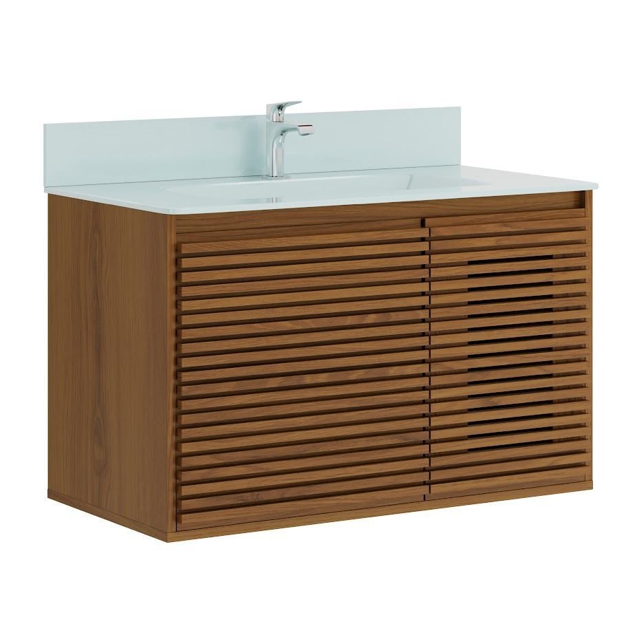 Ver imagem 4 de Gabinete Ripado 80 Freijó Creta com Bancada de Vidro