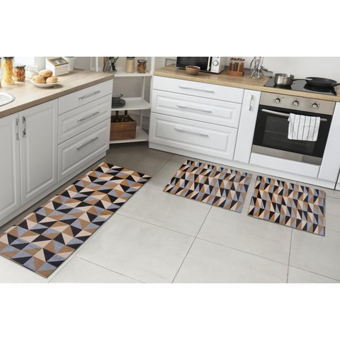 Kit Tapetes e Passadeira De Cozinha 3 Peças Antiderrapante Ladrilhos Caramelo e Preto