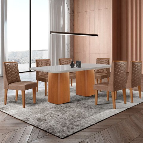 Mesa de Jantar Eloise 180cm Tampo Mdf Vidro com 6 Cadeiras Safira