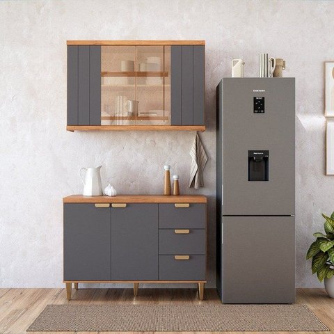 Cozinha Modulada 2 Peças com 1 Balcão e 1 Armário Aéreo Elena Cinamomo/Titanium