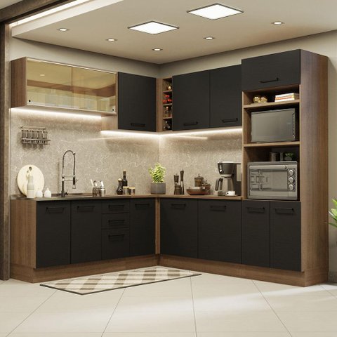 Armário de Cozinha Completa de Canto 459cm Rustic Preto Agata Madesa 01