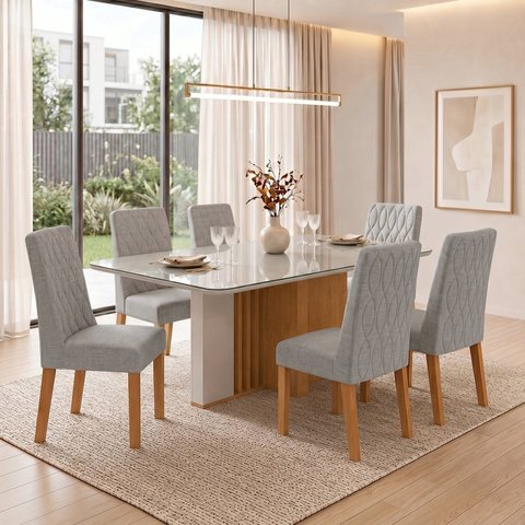 Conjunto Sala de Jantar 6 Lugares Retangular Tampo Vidro/MDF 170cm Mesa Astrid com Cadeiras Luar Cinza Amêndoa Clean/Off White/Cinza