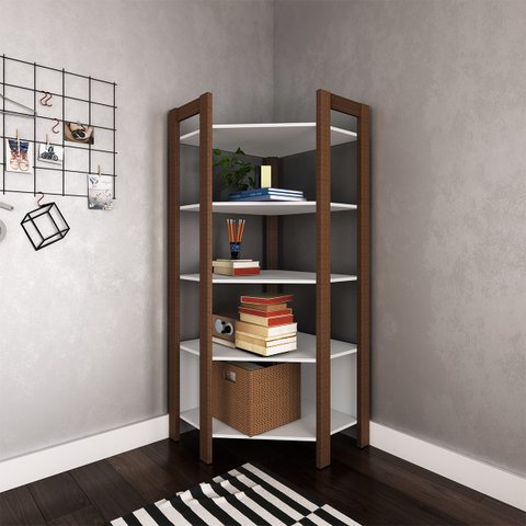 Estante para Livros Multiuso de Canto com 5 Prateleiras: Branco com Nogal