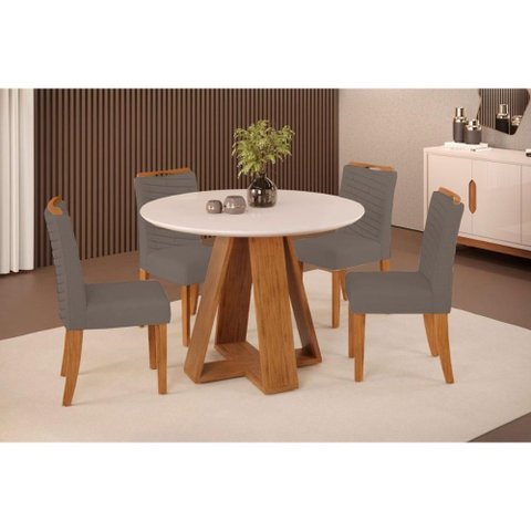 Sala de Jantar Completa Celeste C/ Tampo Madeirado C/ Vidro Redondo 103x103cm e 4 Cadeiras Lia