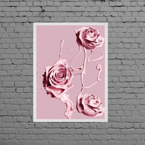 Quadro Decorativo Rosas De Tinta Rosa 24x18cm:Madeira preta