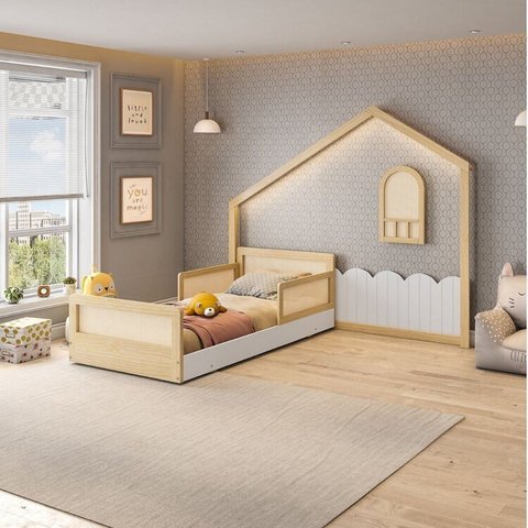 Cama Montessoriana Lift Solteiro e Moldura com LED New Garden Casatema MadeiraOriginals Marrom/Branco
