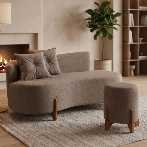 Conjunto Sofá Curvo Orgânico + 01 Puff Luna Boucle Cappuccino - Montanaris Decor