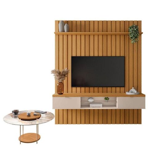 Painel Ripado You Illusion 1.8 com Mesa de Centro Sky com Tampo de Vidro Cinamomo Off White - Hb Mó
