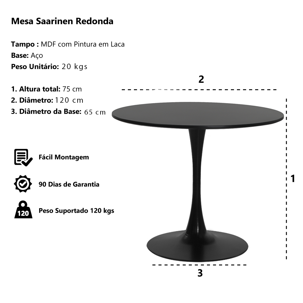 Mesa Saarinen Tulipa Redonda 120cm Tampo Madeira Preto Sala Cozinha Jantar - 3