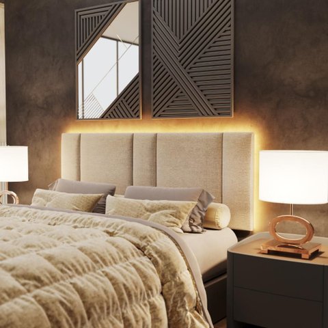 Cabeceira Cama Box Estofada Casal Queen 1,60 Linho Bege com LED