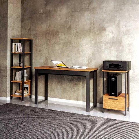 Mesa Escritório com Estante e Mesa de Apoio Dalla Costa Mdf Cor:preto Fosco com Freijó