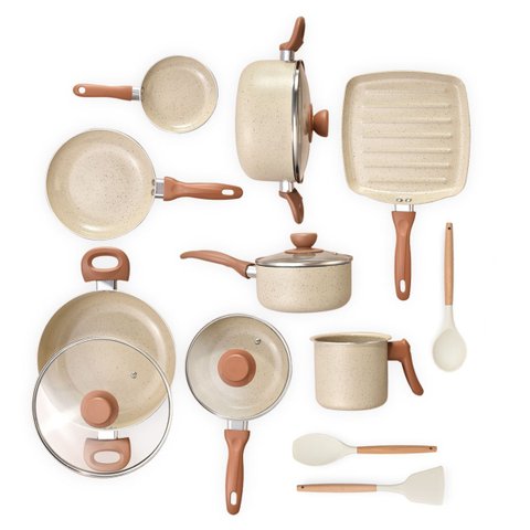 Jogo com 8 Panelas Antiaderentes de Ceramica e Aluminio Bege Terrara e 3 Utensílios de Silicone - Oi