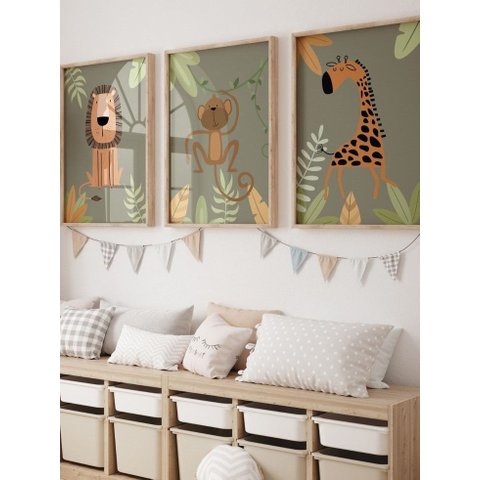 Kit 3 Quadros Infantil Animais Safari Quarto Bebê Menino Menina 40x60 Moldura Madeira NO16