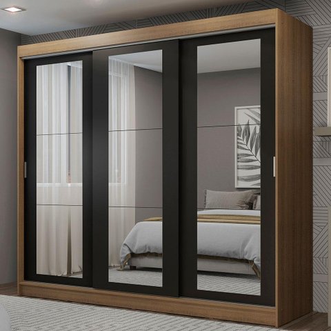 Guarda-roupa Casal Madesa Kansas 3 Portas de Correr de Espelho 3 Gavetas