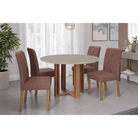 Sala de Jantar Completa Flora Tampo Madeirado C/ Vidro 109cm e 4 Cadeiras Fernanda Cinamomo/off