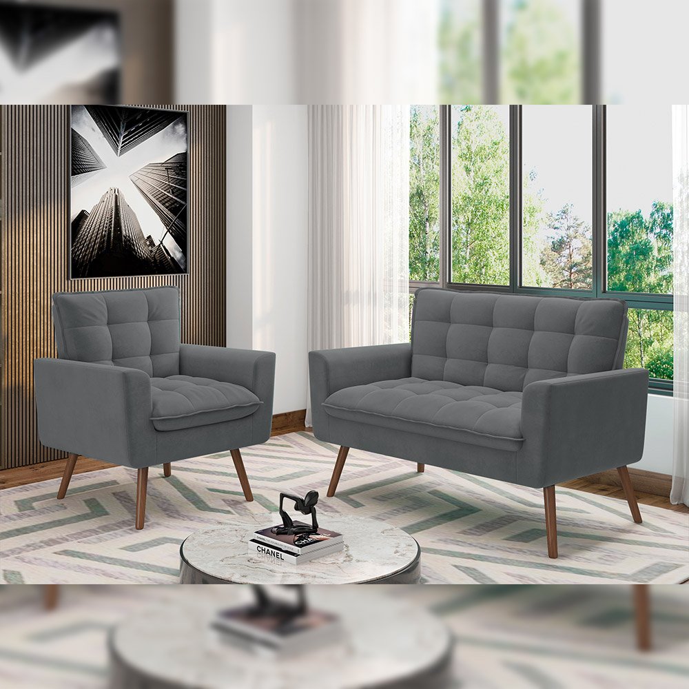 Conjunto Decorativo Sofá 2 Lugares e Poltrona Íxeres Veludo Cinza ...