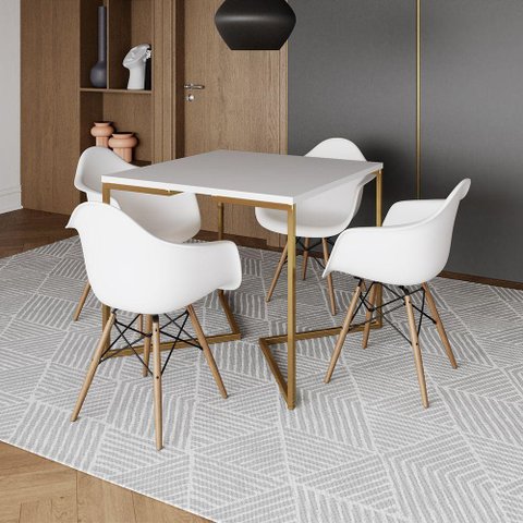 Mesa Jantar Industrial Quadrada 90cm Branca Base V Dourada com 4 Poltronas Daw Madeira Marrom