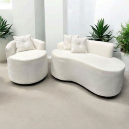 Sofá Curvo 2 Lugares Feijão Orgânico e Poltrona Bouclé Bege + Brindes - 2