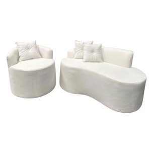 Sofá Curvo 2 Lugares Feijão Orgânico e Poltrona Bouclé Bege + Brindes