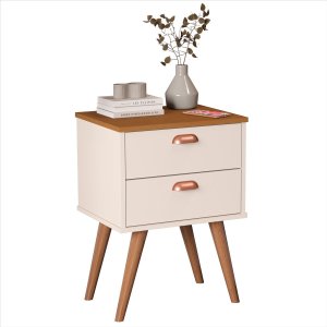 Mesa de Cabeceira Janus Off White Nature 2 Gavetas Pés Palito Retrô Sal