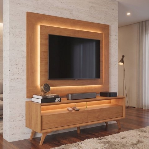 Rack com Painel para TV até 58 Polegadas com LED 100% MDF Pés em Madeira Maciça Austria