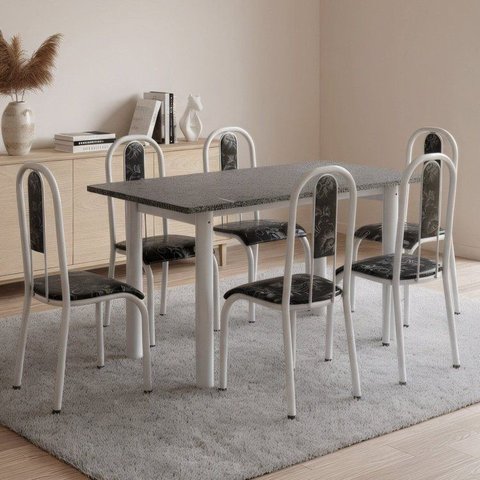 Conjunto Sala de Jantar Mesa com 6 Cadeiras Tampo de Granito e Aço Fernanda Branco/Preto Floral