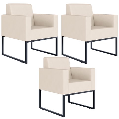 Kit 3 Poltronas Decorativas para Sala Recepção Base Fixa de Metal Helô L02 Suede Bege - Lyam