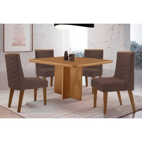 Sala Jantar Mesa Berlim Tampo Curvo 90cm+4 Cadeiras Dafne Madeira Naturale - Capuccino/suede Marrom