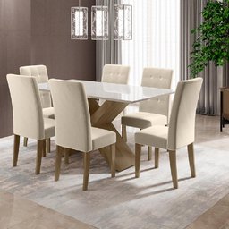 Conjunto de Mesa Sala de Jantar Dubai 1,60m com 6 Cadeiras Off White/Bege/Carvalho Dobuê - 1