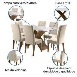 Conjunto de Mesa Sala de Jantar Dubai 1,60m com 6 Cadeiras Off White/Bege/Carvalho Dobuê - 5