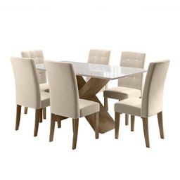 Conjunto de Mesa Sala de Jantar Dubai 1,60m com 6 Cadeiras Off White/Bege/Carvalho Dobuê - 9