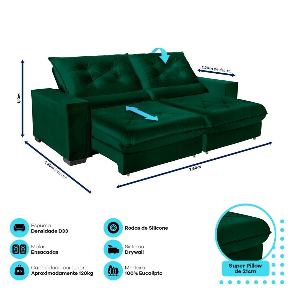 Sofá Cancún Retrátil e Reclinável 2,90M Velusoft Verde com Molas Ensacadas Pillow Top - Sofá - 3