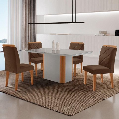 Mesa de Jantar Isadora com 4 Cadeiras Moderna Mobilia Veludo Marrom/off/nat/serig Off com Vidro
